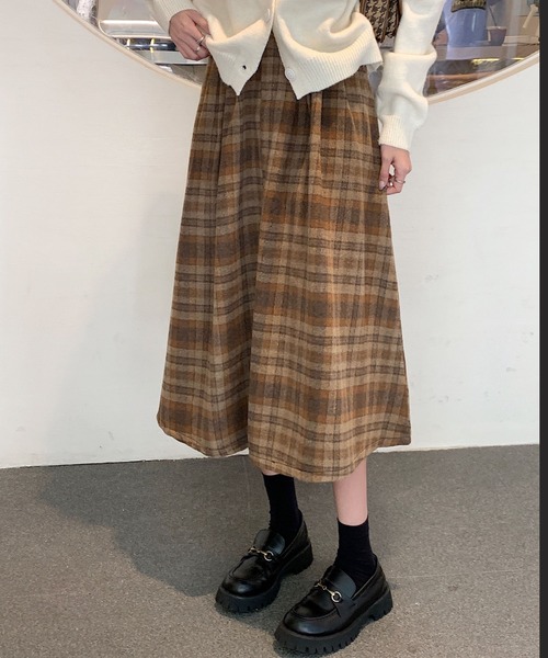 gossip！ロサンゼルス（ゴシップロサンゼルス）の「Y2K ヴィンテージスタイル チェック柄 Aラインスカート 通勤＆カジュアルデイリー対応（スカート・レディース・チェック/ブラウン・FREE）」の13枚目の写真
