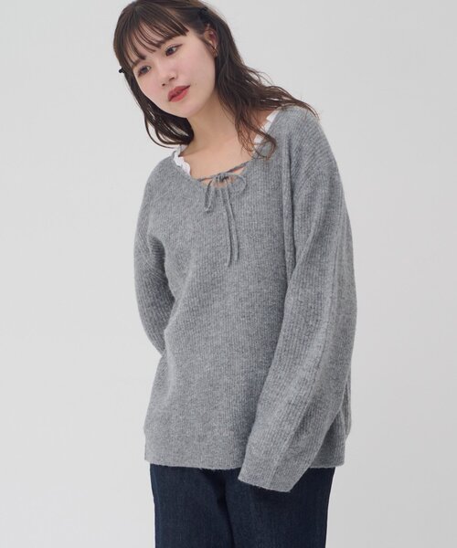 レース付きグレー長袖ニットセーター umm.】レース使い2WAYプルオーバー（ニット/セーター）｜DISCOAT