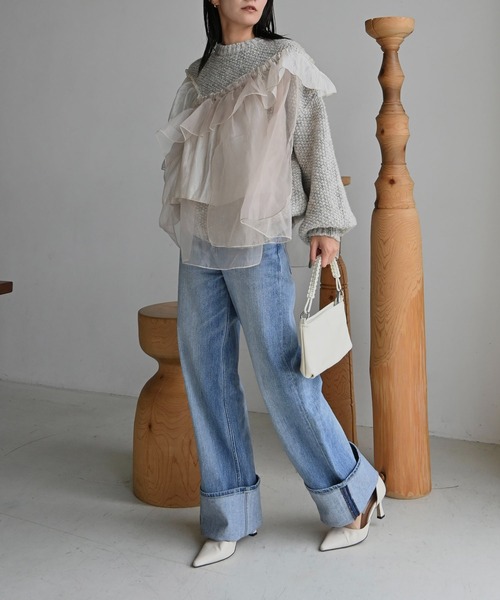 willfully frill volume sleeve border top random frill placement volume sleeve knit（ニット⁄セーター