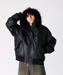 SUPPLIER/サプライヤー FAUX FUR HOODED BOMBER JACKET ブランドロゴ ダブルジップ N2Bジャケット