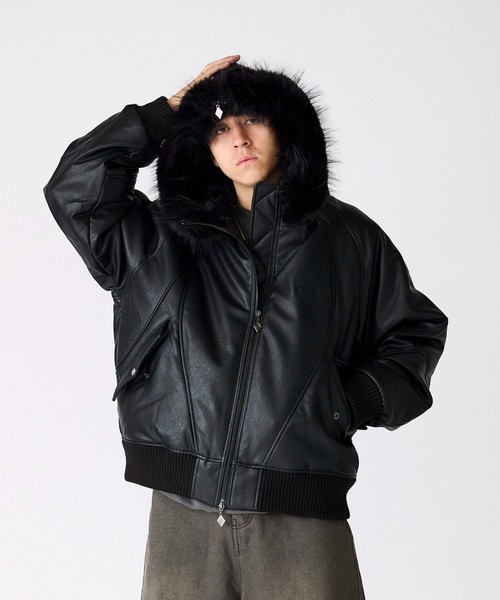 SUPPLIER(サプライヤー)の「SUPPLIER/サプライヤー FAUX FUR HOODED BOMBER JACKET ブランドロゴ ダブルジップ N2Bジャケット(ブルゾン・メンズ・ブラック/ブラウン・S/M/L)」の2枚目の写真