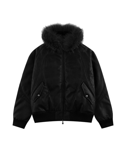 SUPPLIER(サプライヤー)の「SUPPLIER/サプライヤー FAUX FUR HOODED BOMBER JACKET ブランドロゴ ダブルジップ N2Bジャケット(ブルゾン・メンズ・ブラック/ブラウン・S/M/L)」の3枚目の写真