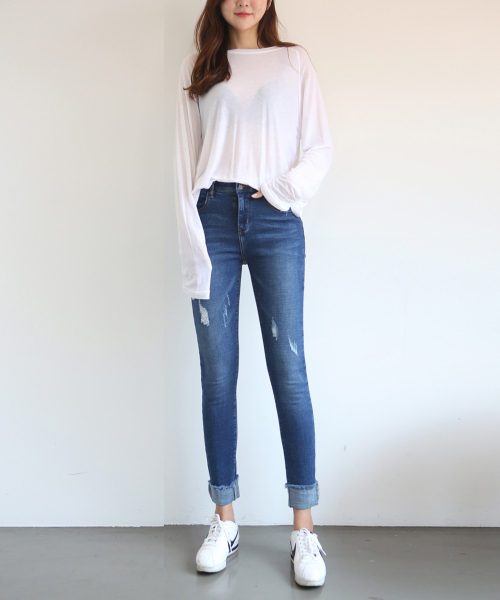 BBAEBBAE（ペッペ）の「スパンロールアップスキニージーンズ（デニムパンツ・レディース・ブルー・SMALL/MEDIUM/LARGE/X-LARGE/XX-LARGE）」の6枚目の写真