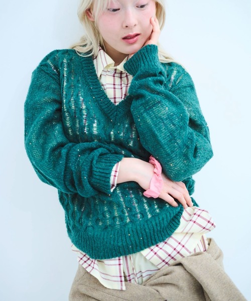 common gull products.(コモンガルプロダクツ)の「風待ちのスパンコールニット(ニット/セーター・レディース・ボルドー/グリーン系/グレー系・SMALL/LARGE/MEDIUM)」の16枚目の写真
