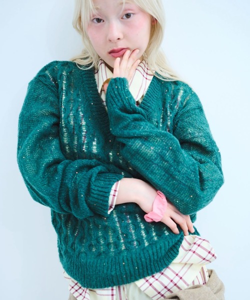 common gull products.(コモンガルプロダクツ)の「風待ちのスパンコールニット(ニット/セーター・レディース・ボルドー/グリーン系/グレー系・SMALL/LARGE/MEDIUM)」の17枚目の写真
