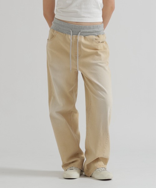 AVIREX（アヴィレックス）の「WAIST RIB COLOR BLOCKED DENIM PANTS（デニムパンツ・レディース・ベージュ/インディゴブルー/ライトインディゴブルー・S/M）」の2枚目の写真