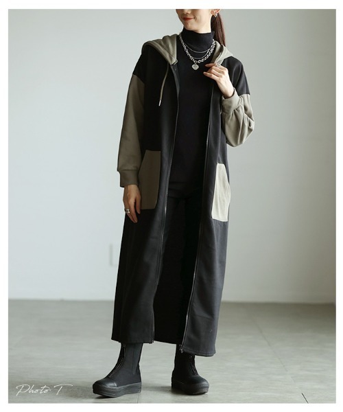 Sawa a la mode(サワアラモード)の「カラーブロックロングフーディ(ワンピース・レディース・ブラック・FREE)」の2枚目の写真