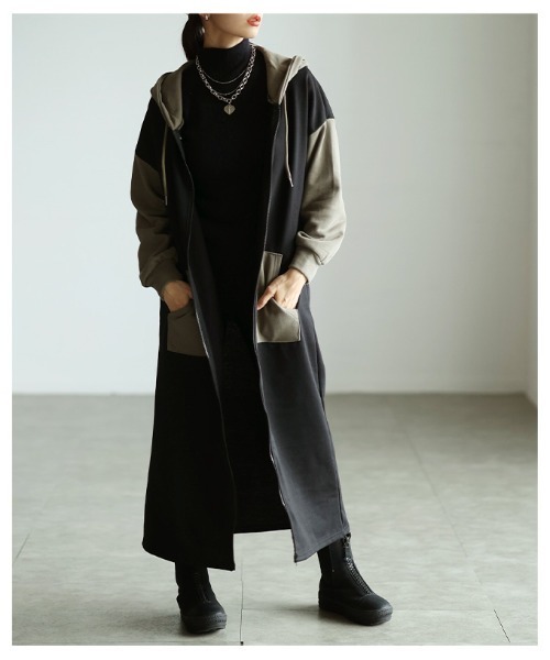 Sawa a la mode(サワアラモード)の「カラーブロックロングフーディ(ワンピース・レディース・ブラック・FREE)」の4枚目の写真
