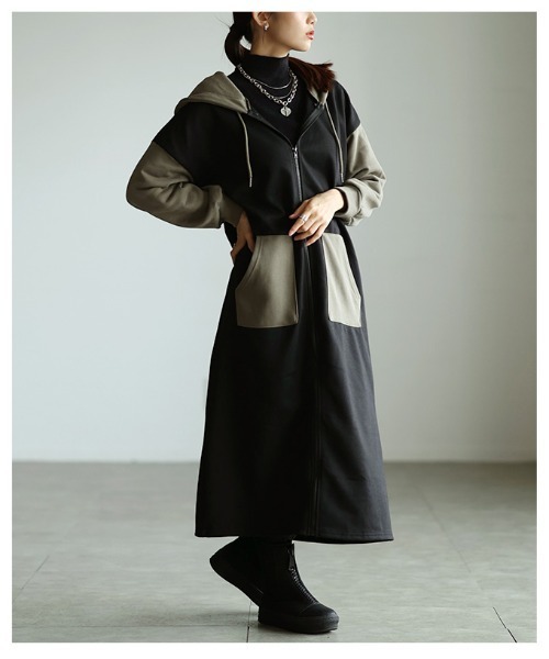 Sawa a la mode(サワアラモード)の「カラーブロックロングフーディ(ワンピース・レディース・ブラック・FREE)」の8枚目の写真
