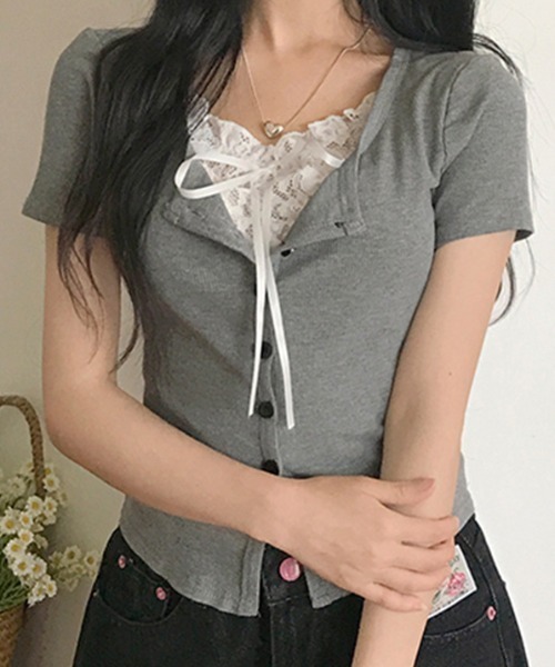 SHEPP(シープ)の「【26年春夏新作】レースリボンフェイクレイヤード半袖リブトップス(Tシャツ/カットソー・レディース・ホワイト/グレー・L/M)」の8枚目の写真