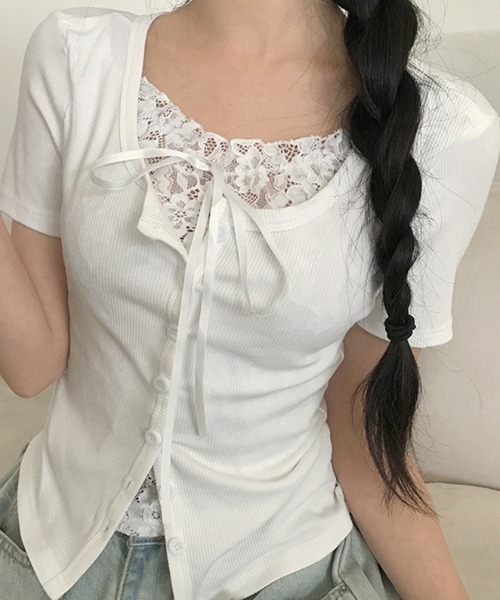 SHEPP(シープ)の「【26年春夏新作】レースリボンフェイクレイヤード半袖リブトップス(Tシャツ/カットソー・レディース・ホワイト/グレー・L/M)」の3枚目の写真