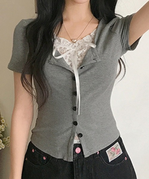 SHEPP(シープ)の「【26年春夏新作】レースリボンフェイクレイヤード半袖リブトップス(Tシャツ/カットソー・レディース・ホワイト/グレー・L/M)」の11枚目の写真