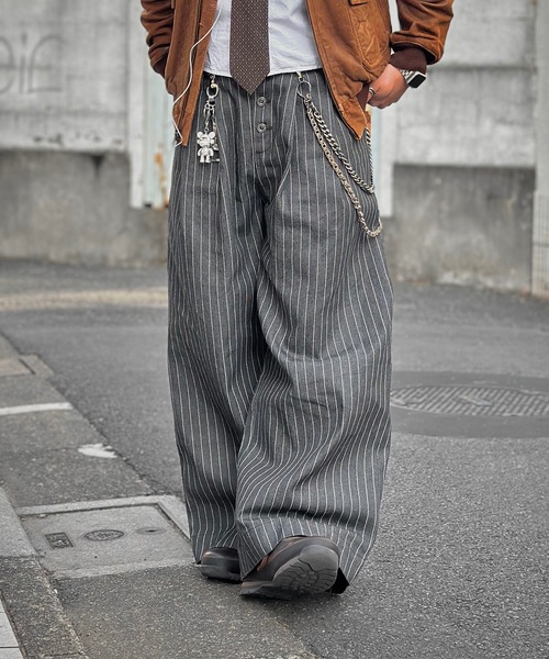 MandO(Auntie Rosa)(エムオー)の「2タックストライプデニムバギーパンツ/ワイドカーブパンツ(デニムパンツ・メンズ・インディゴブルー/ブラック・SMALL/MEDIUM/LARGE)」の3枚目の写真