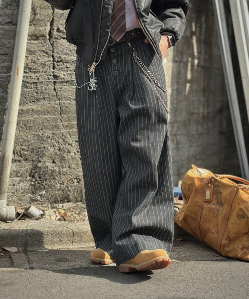 MandO(Auntie Rosa)(エムオー)の「2タックストライプデニムバギーパンツ/ワイドカーブパンツ(デニムパンツ・メンズ・インディゴブルー/ブラック・SMALL/MEDIUM/LARGE)」の4枚目の写真