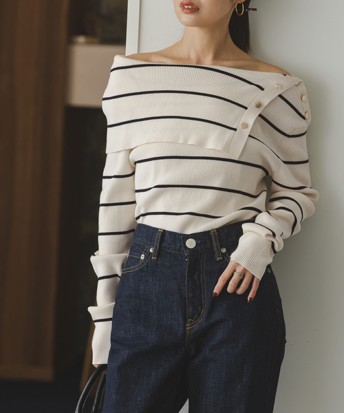 Noble（ノーブル）の「《WEB＆ルミネ新宿店限定追加》ショルダーボタンタイトリブニット（ニット/セーター・レディース・ブラック/マルチ/ホワイト・FREE）」の3枚目の写真