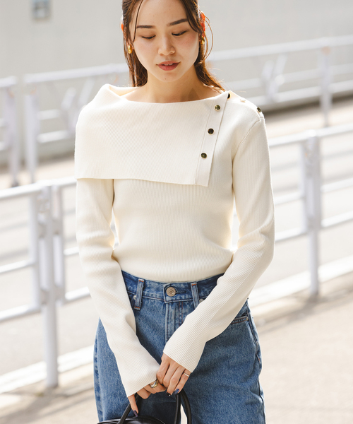 Noble（ノーブル）の「《WEB＆ルミネ新宿店限定追加》ショルダーボタンタイトリブニット（ニット/セーター・レディース・ブラック/マルチ/ホワイト・FREE）」の4枚目の写真