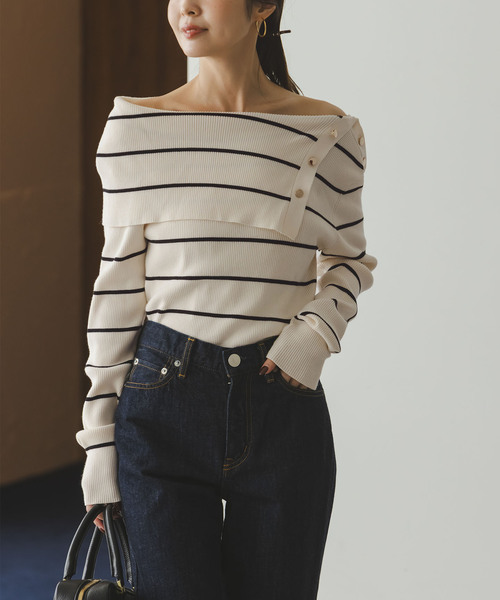 Noble（ノーブル）の「《WEB＆ルミネ新宿店限定追加》ショルダーボタンタイトリブニット（ニット/セーター・レディース・ブラック/マルチ/ホワイト・FREE）」の10枚目の写真