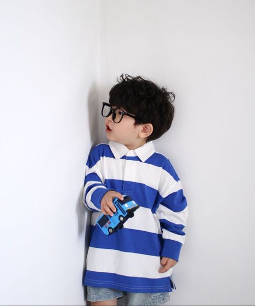 MUSINSA STANDARD KIDS（ムシンサスタンダードキッズ）の「ストライプラグビーシャツ[ブルー/ホワイト]（ポロシャツ・レディース・その他・100/110/120/130/140/150/160）」の2枚目の写真
