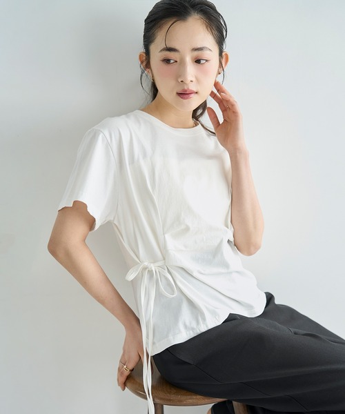 mil(ミル)の「【コットン100%】 アシメデザイン サイドリボン Tシャツ 【587247】(Tシャツ/カットソー・レディース・オフホワイト/ブラック/サンドベージュ・ONESIZE)」の19枚目の写真
