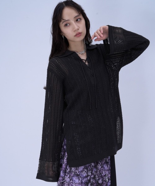 HARE（ハレ）の「スキッパースカシアミトップス(HARE)（ニット/セーター・レディース・ブラック/ピンク・FREE）」の7枚目の写真