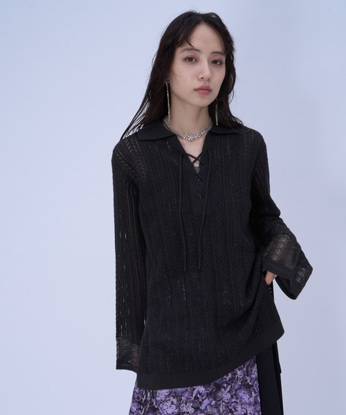 HARE（ハレ）の「スキッパースカシアミトップス(HARE)（ニット/セーター・レディース・ブラック/ピンク・FREE）」の9枚目の写真