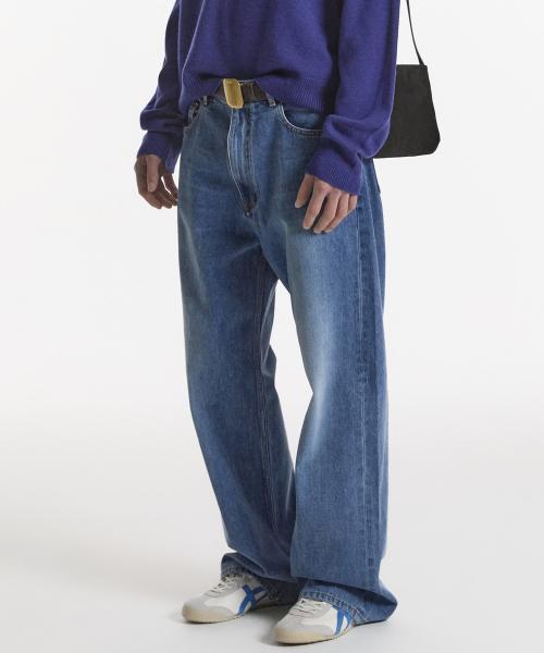 WASHED STRAIGHT DENIM PANTS-MENS MID BLUE