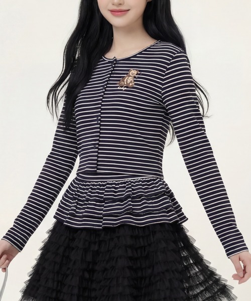 HOOK（フック）の「HOOK for girls 26SS　ベアプリントボーダートップスアンサンブル カーディガン＆ペプラムキャミ（アンサンブル・レディース・ピンク/ブラック・S/M/L）」の2枚目の写真