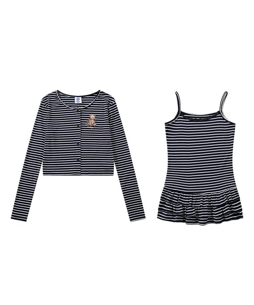 HOOK（フック）の「HOOK for girls 26SS　ベアプリントボーダートップスアンサンブル カーディガン＆ペプラムキャミ（アンサンブル・レディース・ピンク/ブラック・S/M/L）」の3枚目の写真