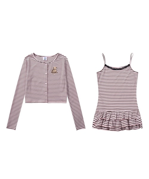 HOOK（フック）の「HOOK for girls 26SS　ベアプリントボーダートップスアンサンブル カーディガン＆ペプラムキャミ（アンサンブル・レディース・ピンク/ブラック・S/M/L）」の4枚目の写真