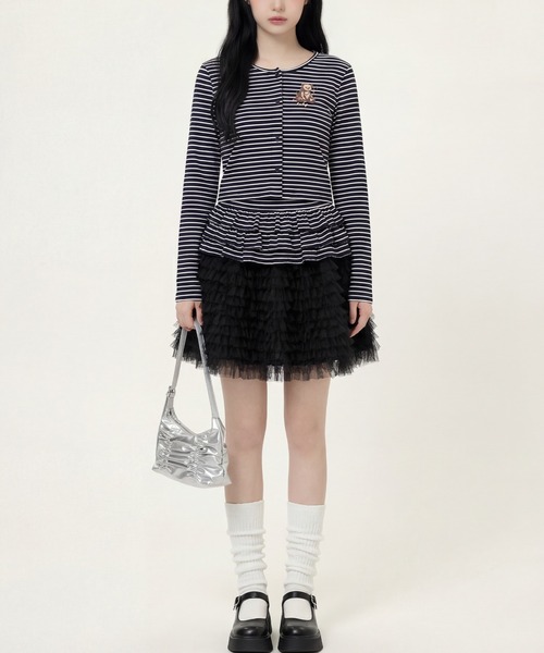 HOOK（フック）の「HOOK for girls 26SS　ベアプリントボーダートップスアンサンブル カーディガン＆ペプラムキャミ（アンサンブル・レディース・ピンク/ブラック・S/M/L）」の5枚目の写真