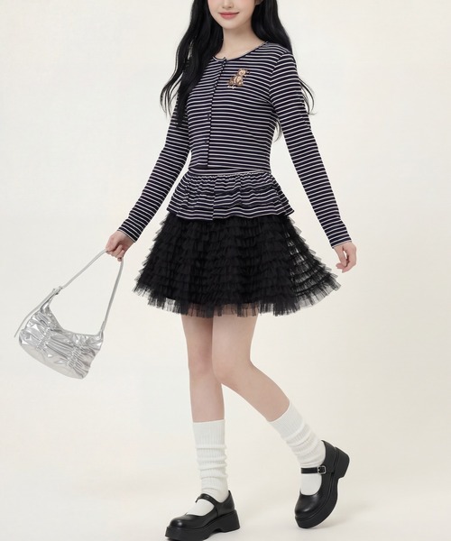 HOOK（フック）の「HOOK for girls 26SS　ベアプリントボーダートップスアンサンブル カーディガン＆ペプラムキャミ（アンサンブル・レディース・ピンク/ブラック・S/M/L）」の8枚目の写真