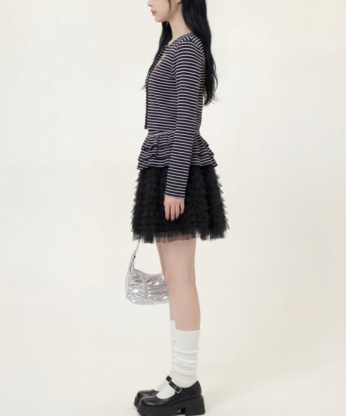 HOOK（フック）の「HOOK for girls 26SS　ベアプリントボーダートップスアンサンブル カーディガン＆ペプラムキャミ（アンサンブル・レディース・ピンク/ブラック・S/M/L）」の6枚目の写真