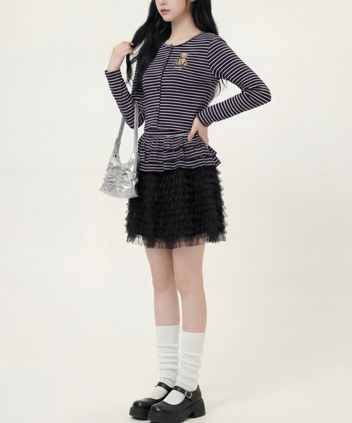 HOOK（フック）の「HOOK for girls 26SS　ベアプリントボーダートップスアンサンブル カーディガン＆ペプラムキャミ（アンサンブル・レディース・ピンク/ブラック・S/M/L）」の9枚目の写真