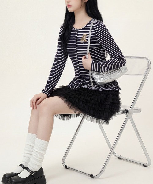 HOOK（フック）の「HOOK for girls 26SS　ベアプリントボーダートップスアンサンブル カーディガン＆ペプラムキャミ（アンサンブル・レディース・ピンク/ブラック・S/M/L）」の11枚目の写真