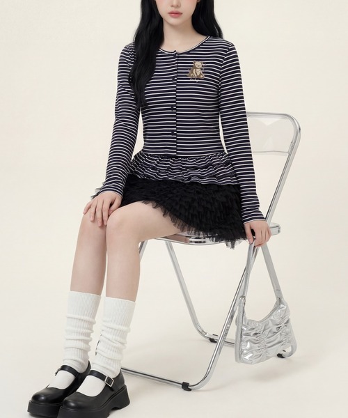 HOOK（フック）の「HOOK for girls 26SS　ベアプリントボーダートップスアンサンブル カーディガン＆ペプラムキャミ（アンサンブル・レディース・ピンク/ブラック・S/M/L）」の12枚目の写真