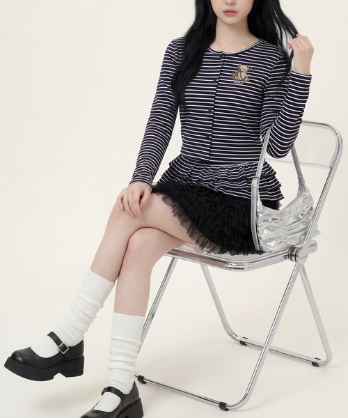 HOOK（フック）の「HOOK for girls 26SS　ベアプリントボーダートップスアンサンブル カーディガン＆ペプラムキャミ（アンサンブル・レディース・ピンク/ブラック・S/M/L）」の13枚目の写真