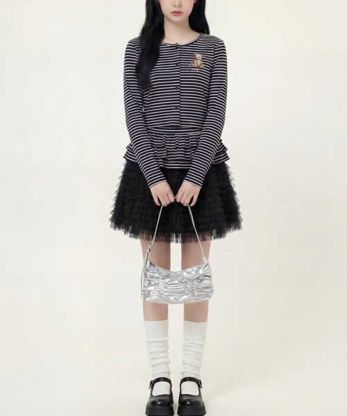 HOOK（フック）の「HOOK for girls 26SS　ベアプリントボーダートップスアンサンブル カーディガン＆ペプラムキャミ（アンサンブル・レディース・ピンク/ブラック・S/M/L）」の10枚目の写真