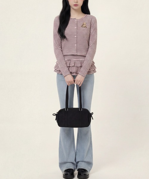HOOK（フック）の「HOOK for girls 26SS　ベアプリントボーダートップスアンサンブル カーディガン＆ペプラムキャミ（アンサンブル・レディース・ピンク/ブラック・S/M/L）」の16枚目の写真