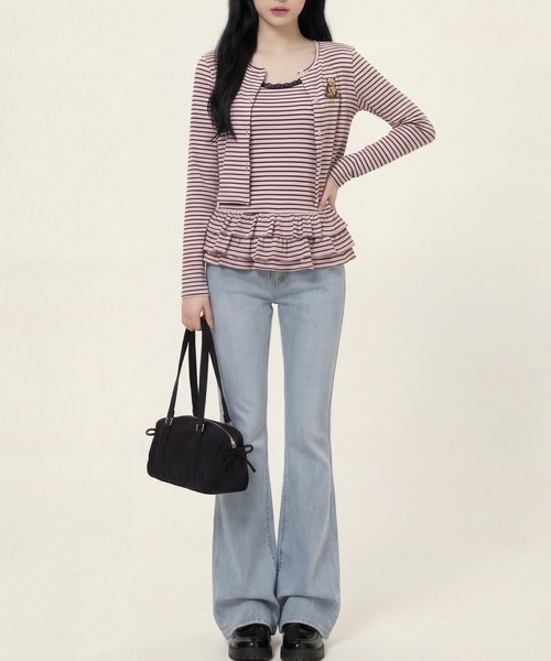 HOOK（フック）の「HOOK for girls 26SS　ベアプリントボーダートップスアンサンブル カーディガン＆ペプラムキャミ（アンサンブル・レディース・ピンク/ブラック・S/M/L）」の17枚目の写真