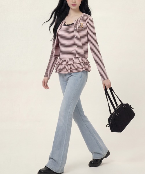 HOOK（フック）の「HOOK for girls 26SS　ベアプリントボーダートップスアンサンブル カーディガン＆ペプラムキャミ（アンサンブル・レディース・ピンク/ブラック・S/M/L）」の19枚目の写真