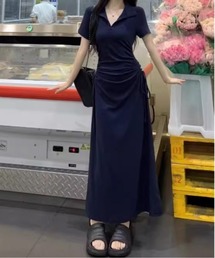 サイドシャーリング半袖ワンピース