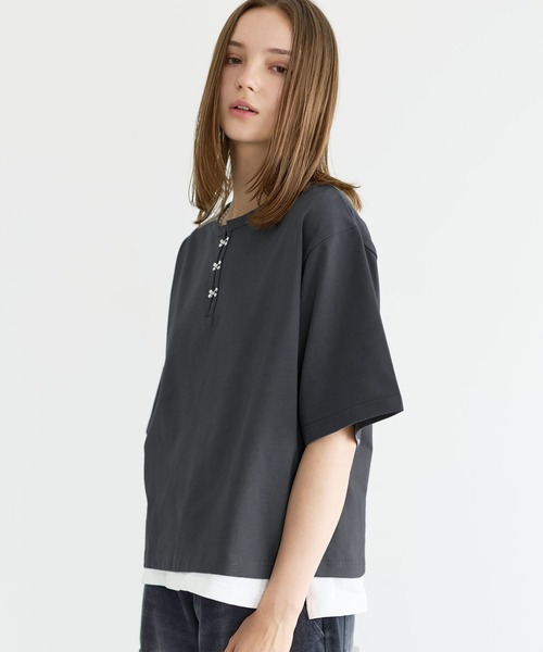 LILL(リル)の「シルバーパーツヘビーウエイトコットンヘンリーネックハーフスリーブカットソー(Tシャツ/カットソー・メンズ・チャコールグレー/ブラック/ホワイト/ブルーグレー/ワイン・XL/L/M/S)」の8枚目の写真