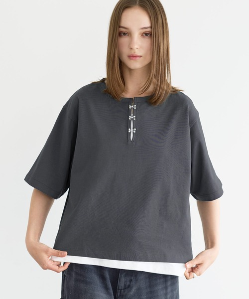 LILL(リル)の「シルバーパーツヘビーウエイトコットンヘンリーネックハーフスリーブカットソー(Tシャツ/カットソー・メンズ・チャコールグレー/ブラック/ホワイト/ブルーグレー/ワイン・XL/L/M/S)」の10枚目の写真