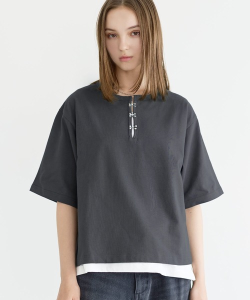 LILL(リル)の「シルバーパーツヘビーウエイトコットンヘンリーネックハーフスリーブカットソー(Tシャツ/カットソー・メンズ・チャコールグレー/ブラック/ホワイト/ブルーグレー/ワイン・XL/L/M/S)」の13枚目の写真
