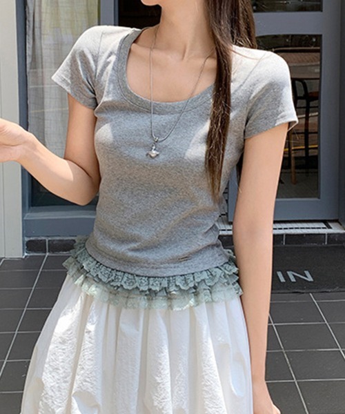 SallyLunn(サリーラン)の「【大人ガーリー】レトロレースコンパクトTシャツ(Tシャツ/カットソー・レディース・ホワイト/グレー・MEDIUM/LARGE)」の1枚目の写真