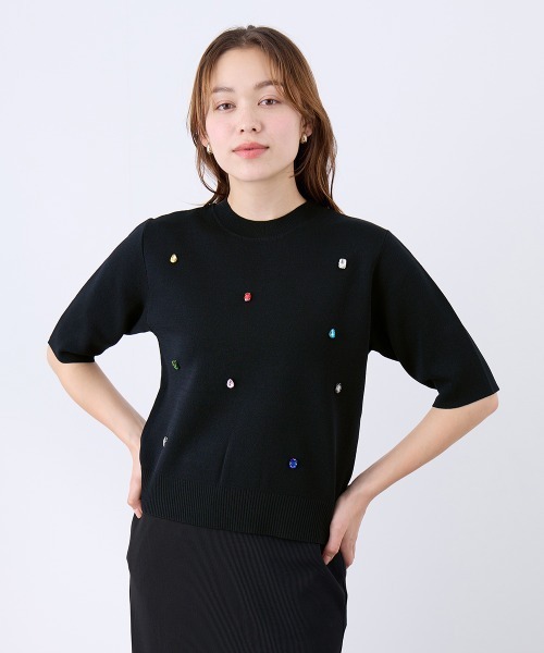 QUEENS COURT(クイーンズコート)の「カラービジューハーフスリーブニット(ニット/セーター・レディース・ブラック/オフホワイト・M)」の12枚目の写真