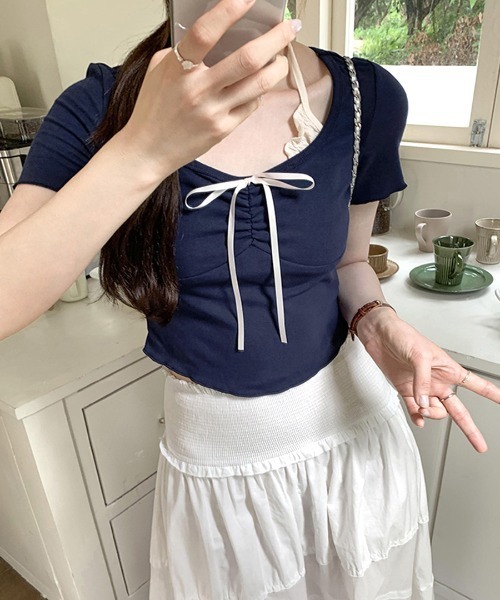REMUR(レミュール)の「胸リボンレイヤード風トップス(Tシャツ/カットソー・レディース・ピンク/クリーム/サックスブルー/ネイビー・FREE)」の17枚目の写真