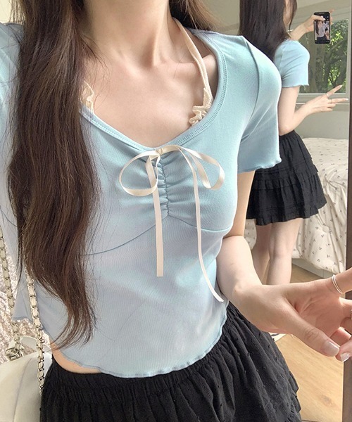 REMUR(レミュール)の「胸リボンレイヤード風トップス(Tシャツ/カットソー・レディース・ピンク/クリーム/サックスブルー/ネイビー・FREE)」の18枚目の写真