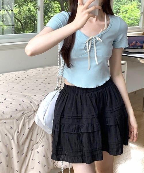 REMUR(レミュール)の「胸リボンレイヤード風トップス(Tシャツ/カットソー・レディース・ピンク/クリーム/サックスブルー/ネイビー・FREE)」の19枚目の写真
