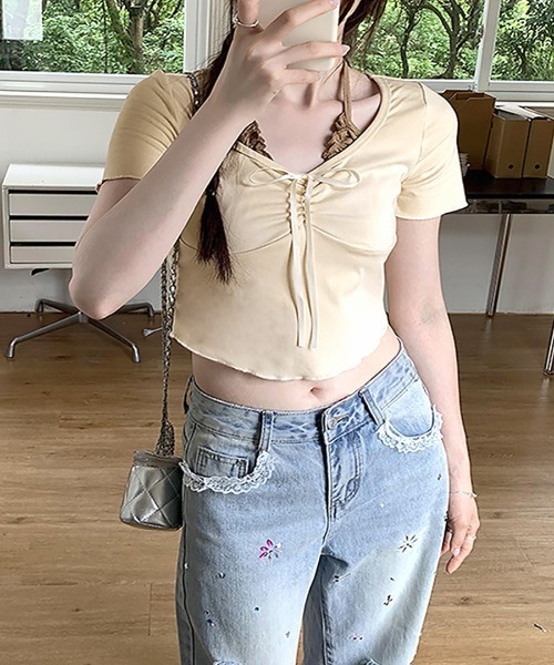 REMUR(レミュール)の「胸リボンレイヤード風トップス(Tシャツ/カットソー・レディース・ピンク/クリーム/サックスブルー/ネイビー・FREE)」の11枚目の写真